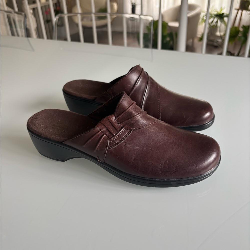 Clarks Dark Brown Leather Mules